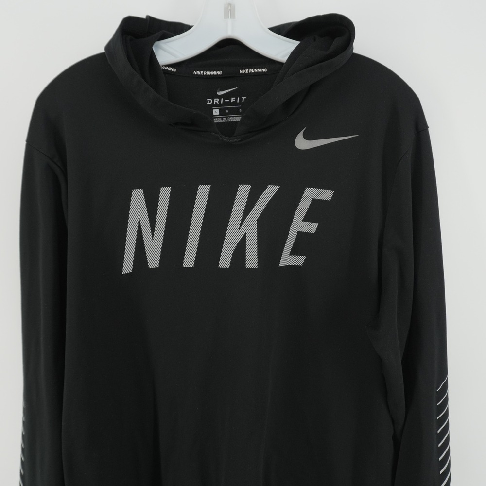 Nike Hoodie Mens Large Black Dri-FIT Running Graphic Long Sleeve Pullover